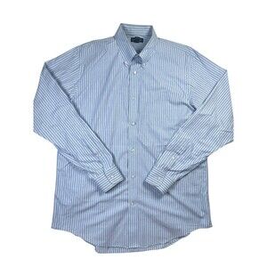 Lands' End Dress Shirt Men's L 16-16.5 Blue Striped Traditional Fit Button-Down